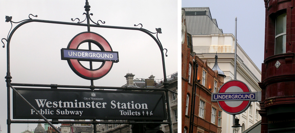 3-dimensonal roundels acting as wayfinding signs around the city of London