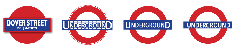 Far Left: Initial version of the roundel (1908). Left: Early version of the roundel used as a logo with...(approx 191). Right: Version of logo designed with a large initial U and final D. Far Right: Current version of the roundel used as a logo.