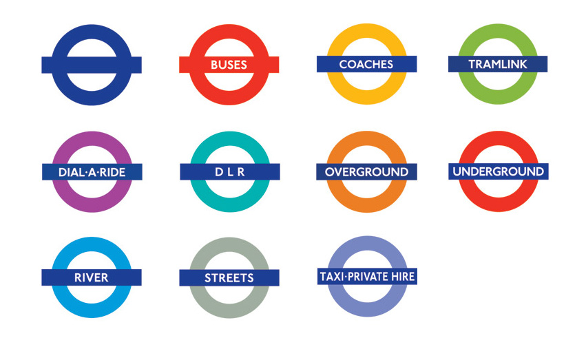 Family of roundels designed for Transport of London. Each colour labels one service.