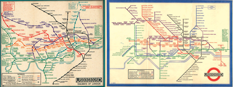 Left: London Underground map (1932) created by Segmeyour. Right: London Underground diagram (1933) created by Henry Beck